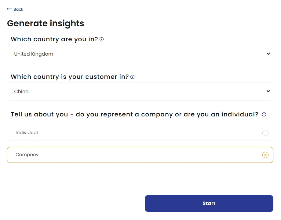 Tax Canary's Generate insights screen: choose your country, your customer's country, and whether you are a company or an individual.